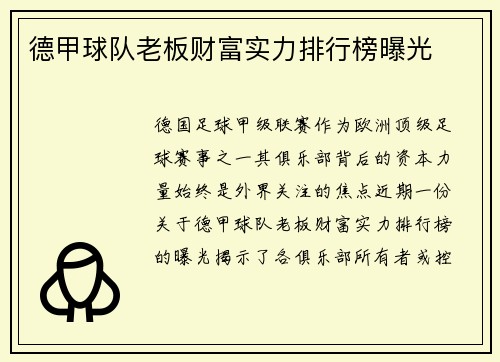 德甲球队老板财富实力排行榜曝光
